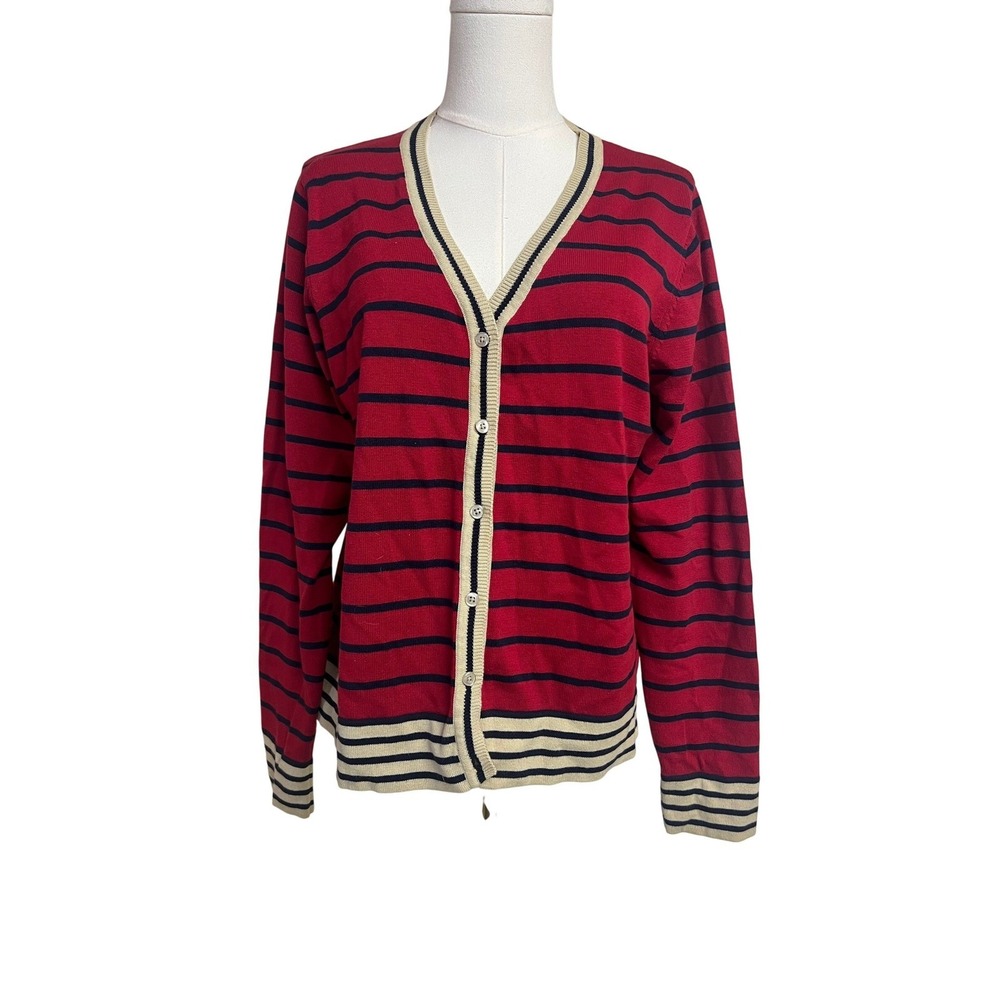Kathy Ireland Red Navy Stripe Cotton Cardigan Sweater Large‎ Nautical Preppy